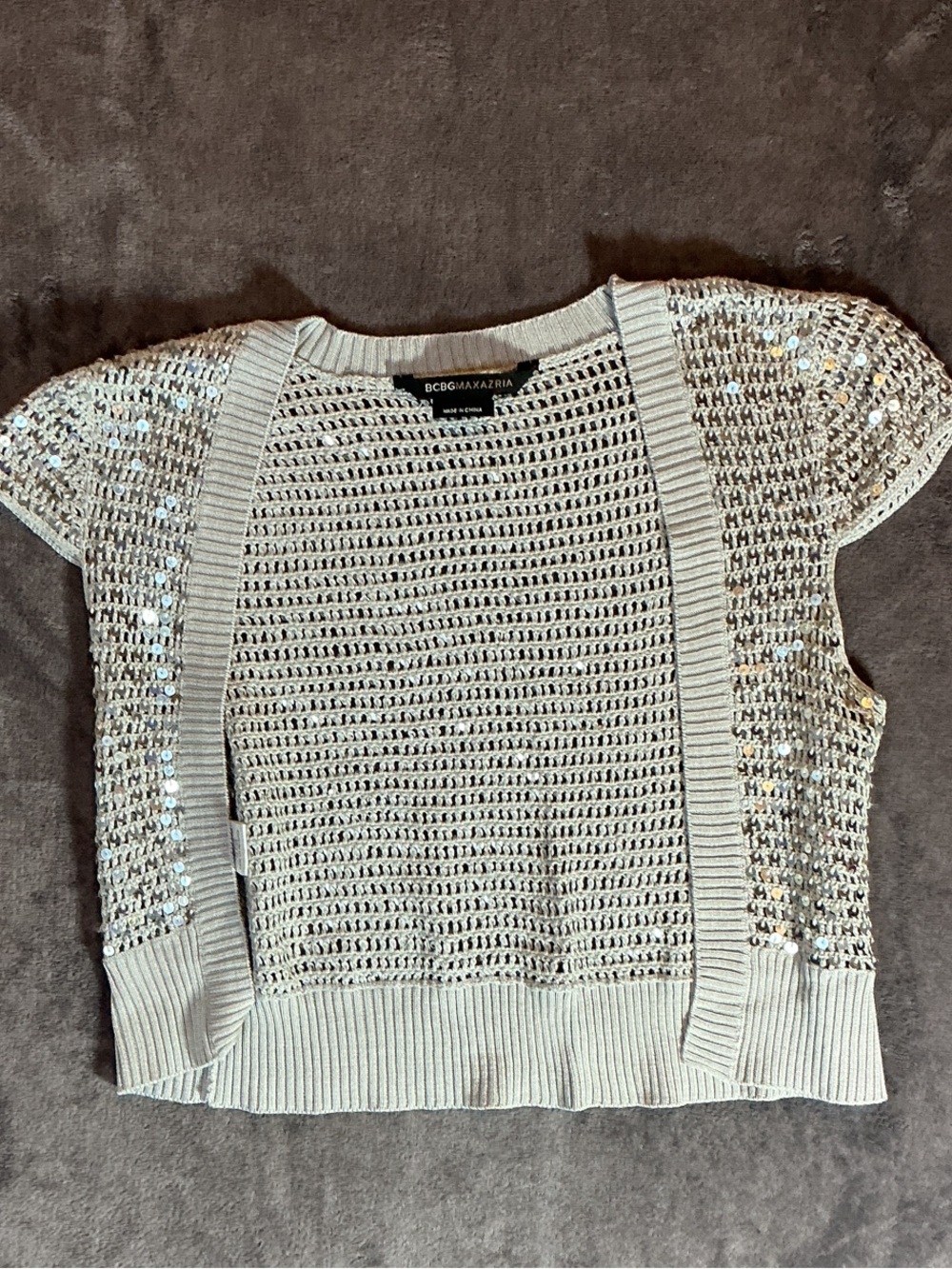 BCBGMAXAZRIA Cream Sequin Open-Knit Crop Top